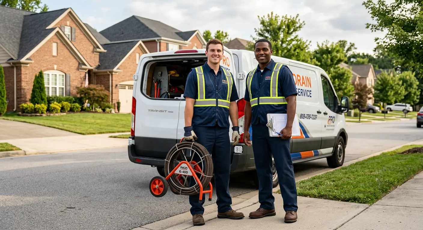 Sewer and drain service team with equipment ready for work in Le Ray