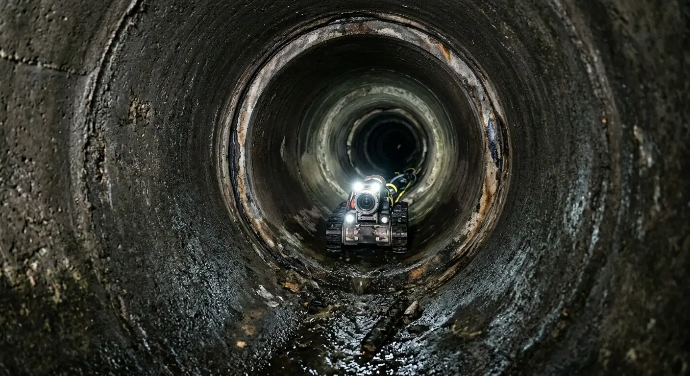 Robotic sewer camera inspecting pipe interior for Sewer Line Cleaning in Le Ray