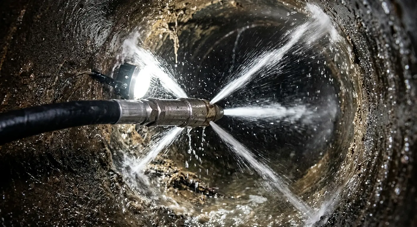 High-pressure hydro jetting nozzle cleaning sewer pipe for Emergency Drain Service in Le Ray