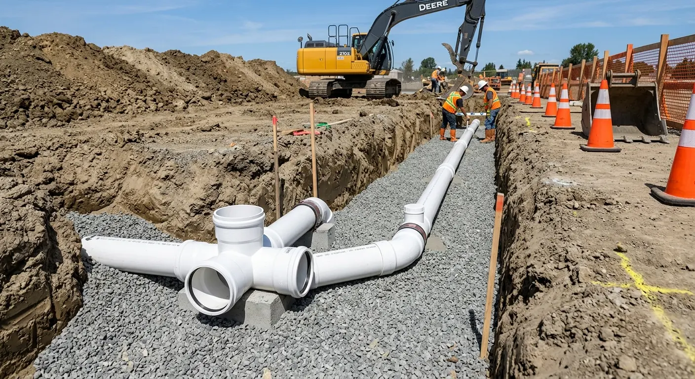 New PVC sewer pipe installation in open trench for Grease Trap Cleaning in Le Ray