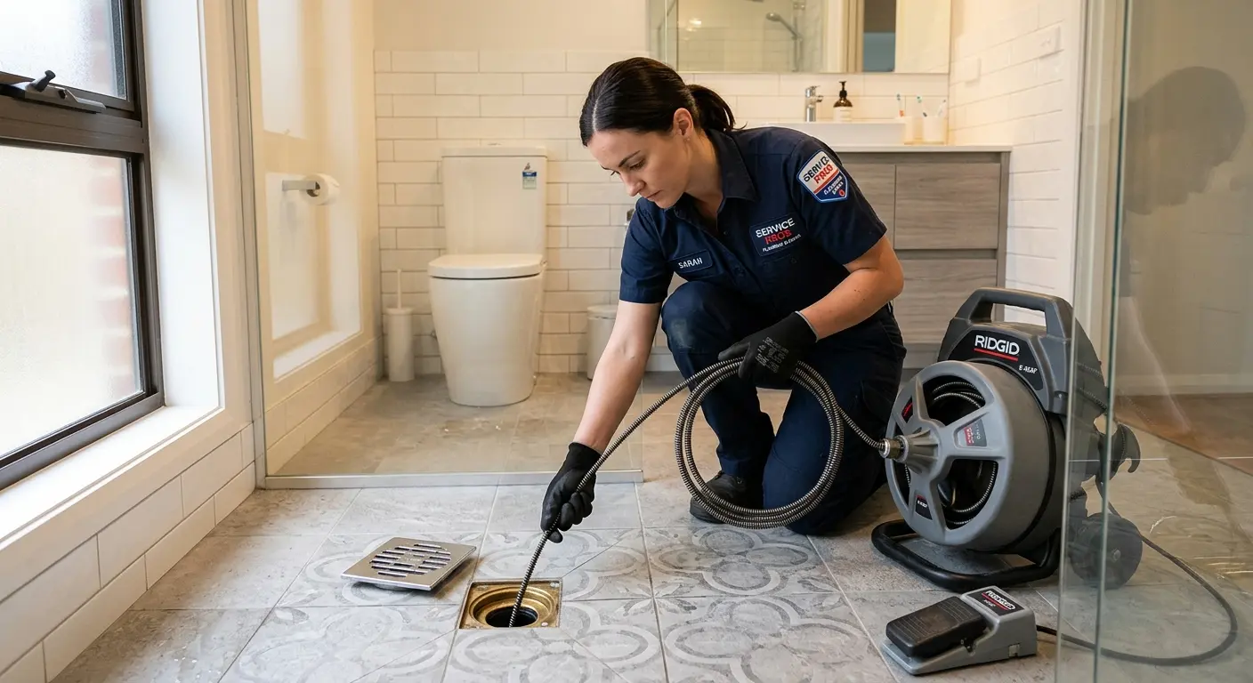 Technician clearing a bathroom floor drain for Drain Repair in Le Ray